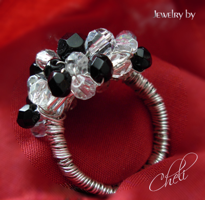 cluster ring with black and clear swarovski crystals